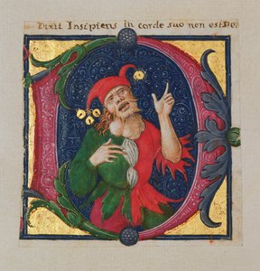 Bewohnter Initialbuchstabe D, der einen Narren darstellt (Aquarell & Gold auf Pergament) von Master M.Z.A.